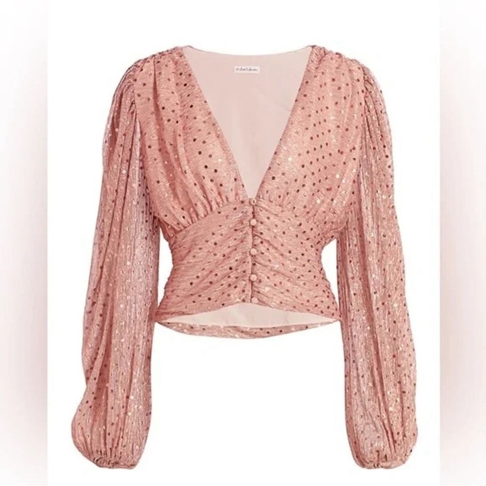 For Love & Lemons La Villette Puff Sleeve Pink Metallic Polka Dot Top Small